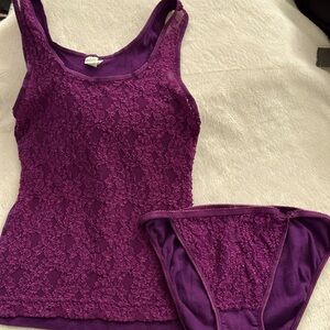 Purple lace camisole tank top with matching bikini panties.